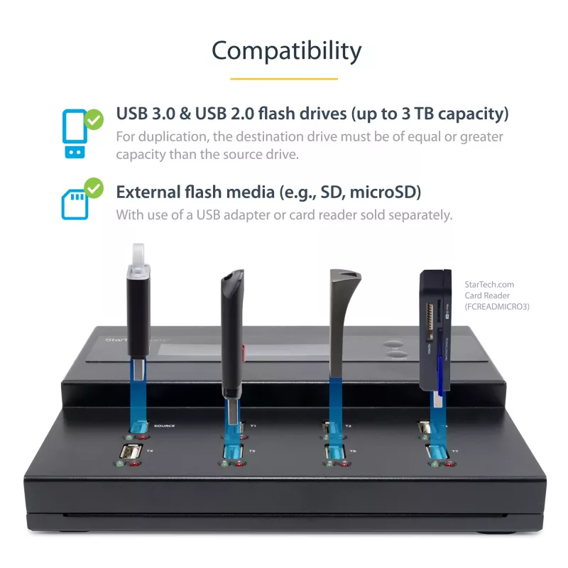 StarTech.com Standalone 1 to 7 USB Thumb Drive Duplicator and Eraser, Multiple USB Flash Drive Copier, System and File and Whole-Drive Copy at 1.5 GB/min, Single and 3-Pass Erase, LCD Display - TAA