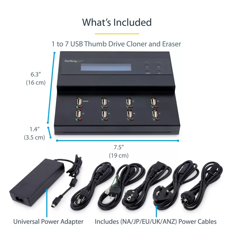 StarTech.com Standalone 1 to 7 USB Thumb Drive Duplicator and Eraser, Multiple USB Flash Drive Copier, System and File and Whole-Drive Copy at 1.5 GB/min, Single and 3-Pass Erase, LCD Display - TAA