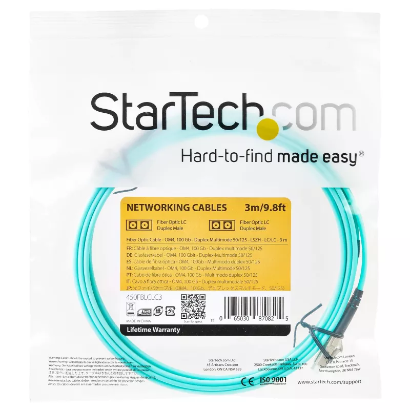 StarTech.com 3m (10ft) LC/UPC to LC/UPC OM4 Multimode Fiber Optic Cable, 50/125µm LOMMF/VCSEL Zipcord Fiber, 100G, Low Insertion Loss - LSZH Fiber Jumper Cord