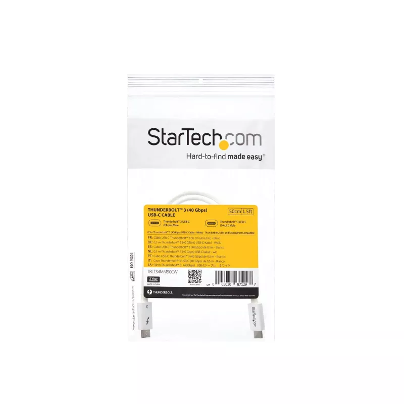 StarTech.com Thunderbolt 3 Cable - 40Gbps - 0.5m - White - Thunderbolt, USB, and DisplayPort Compatible