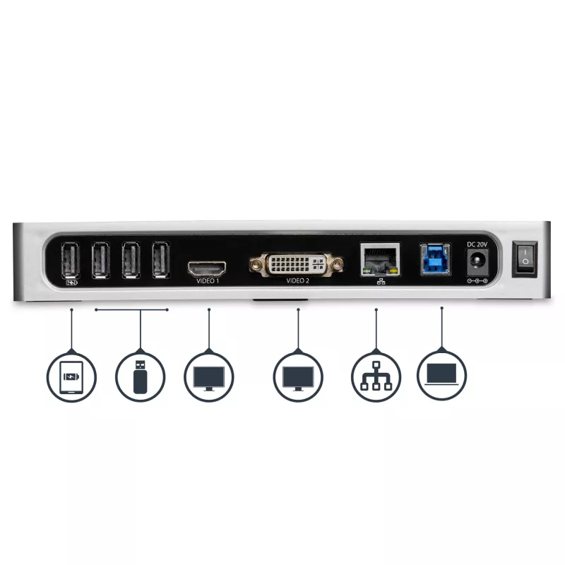 StarTech.com USB 3.0 Docking Station - Dual Monitor Laptop Docking Station with HDMI & DVI/VGA Video - 6-port USB 3.1 Gen 1 5Gbps Hub, GbE, Audio - Universal Type-A Dock - Windows & Mac