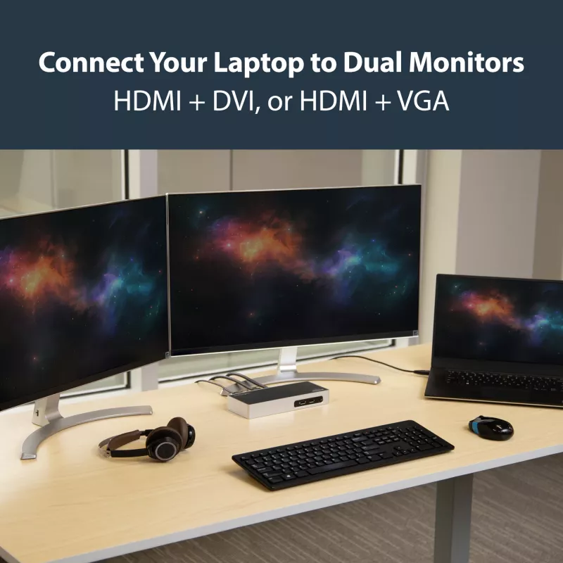 StarTech.com USB 3.0 Docking Station - Dual Monitor Laptop Docking Station with HDMI & DVI/VGA Video - 6-port USB 3.1 Gen 1 5Gbps Hub, GbE, Audio - Universal Type-A Dock - Windows & Mac
