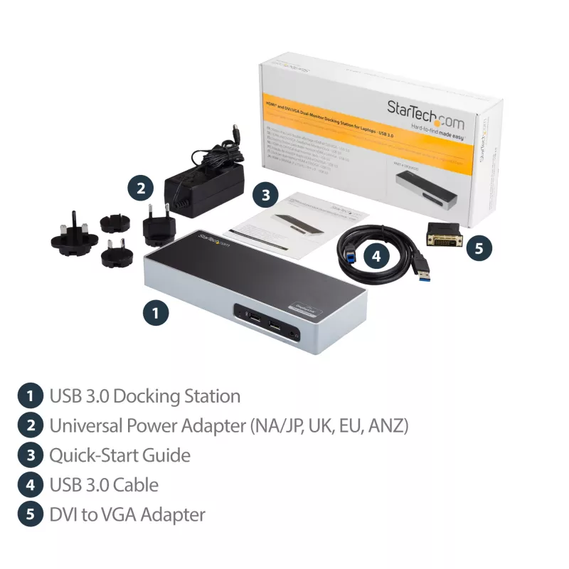 StarTech.com USB 3.0 Docking Station - Dual Monitor Laptop Docking Station with HDMI & DVI/VGA Video - 6-port USB 3.1 Gen 1 5Gbps Hub, GbE, Audio - Universal Type-A Dock - Windows & Mac