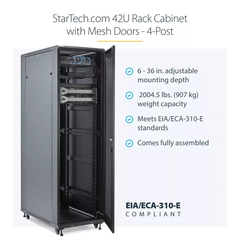 StarTech.com 4-Post 42U Server Rack Cabinet, 19 inch Data Rack Cabinet for Computer / AV / IT Equipment mount, Rack Server Enclosure with Casters, Full Size Industrial Network Storage