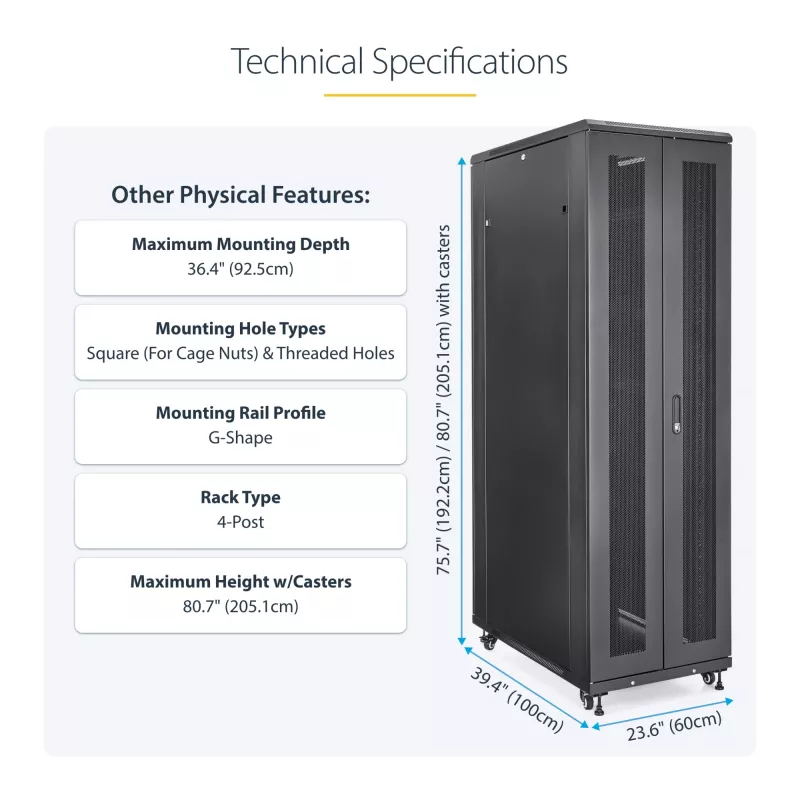 StarTech.com 4-Post 42U Server Rack Cabinet, 19 inch Data Rack Cabinet for Computer / AV / IT Equipment mount, Rack Server Enclosure with Casters, Full Size Industrial Network Storage