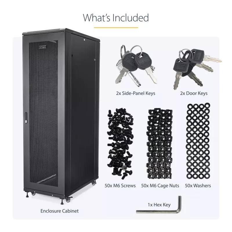 StarTech.com 4-Post 42U Server Rack Cabinet, 19 inch Data Rack Cabinet for Computer / AV / IT Equipment mount, Rack Server Enclosure with Casters, Full Size Industrial Network Storage