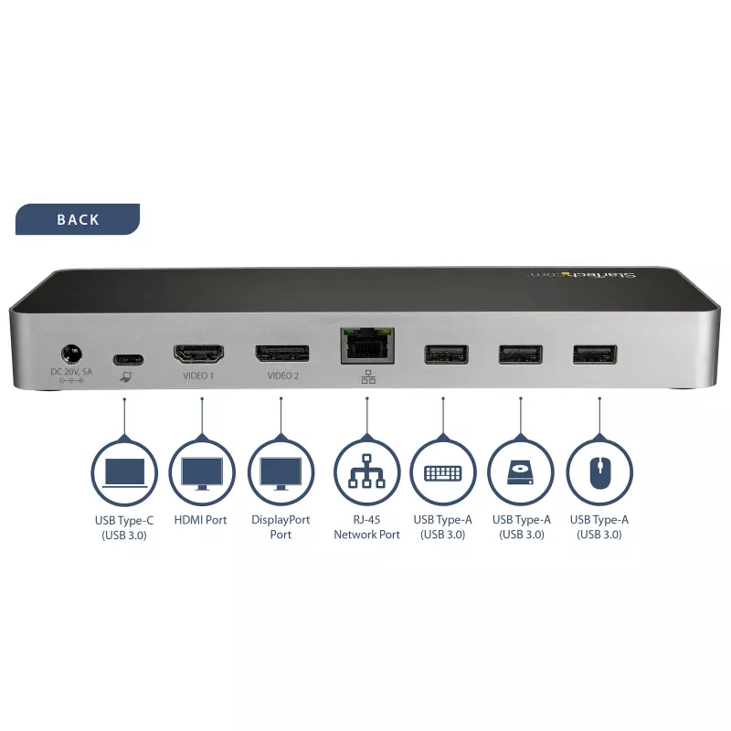 StarTech.com USB C Dock - Dual Monitor HDMI & DisplayPort 4K 30Hz - USB Type-C Laptop Docking Station 60W Power Delivery, SD, 4-port USB-A 3.0 Hub, GbE, Audio - Thunderbolt 3 Compatible