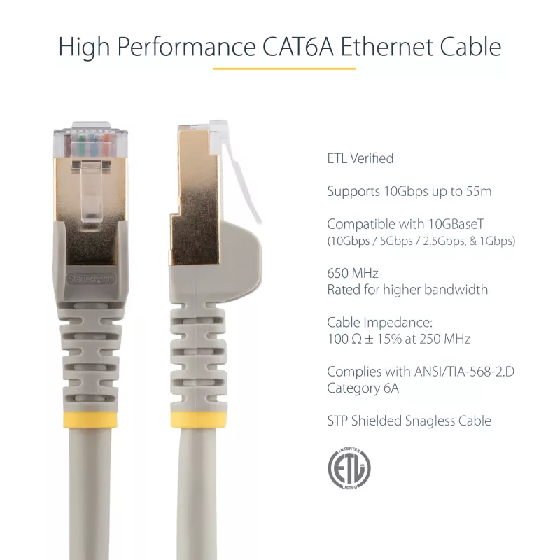 StarTech.com 3m CAT6a Ethernet Cable - 10 Gigabit Shielded Snagless RJ45 100W PoE Patch Cord - 10GbE STP Network Cable w/Strain Relief - Grey Individually Tested/Wiring is UL Certified/TIA