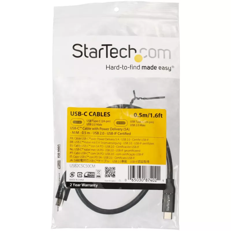 StarTech.com USB-C to USB-C Cable w/ 5A PD - M/M - 0.5 m - USB 2.0 - USB-IF Certified