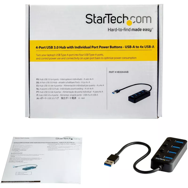 StarTech.com 4 Port USB 3.0 Hub - USB-A to 4x USB 3.0 Type-A with Individual On/Off Port Switches - SuperSpeed 5Gbps USB 3.1/3.2 Gen 1 - USB Bus Powered - Portable - 25cm Attached Cable~4 Port USB 3.0 Hub - USB-A to 4x USB 3.0 Type-A with Individual On/Off Port Switches - SuperSpeed USB 3.2 Gen 1 (5Gbps) - USB Bus Powered - Portable - 9.8 inch Attached Cable