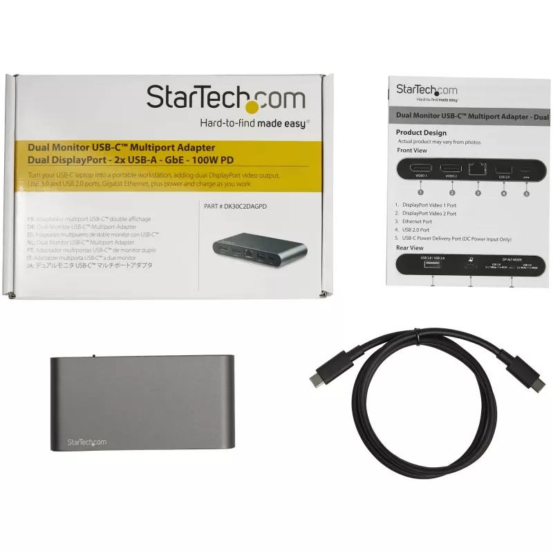 StarTech.com USB C Dock - 4K Dual Monitor DisplayPort - Mini Laptop Docking Station - 100W Power Delivery Passthrough - GbE, 2-Port USB-A Hub - USB Type-C Multiport Adapter - 3.3' Cable