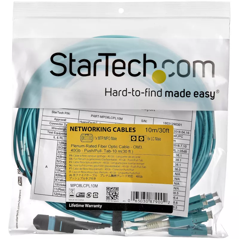 StarTech.com 10m (30ft) MTP(F)/PC to 4x LC/PC Duplex Breakout OM3 Multimode Fiber Optic Cable, OFNP Plenum, 40G Networks, Low Insertion Loss - Fiber Jumper Cord