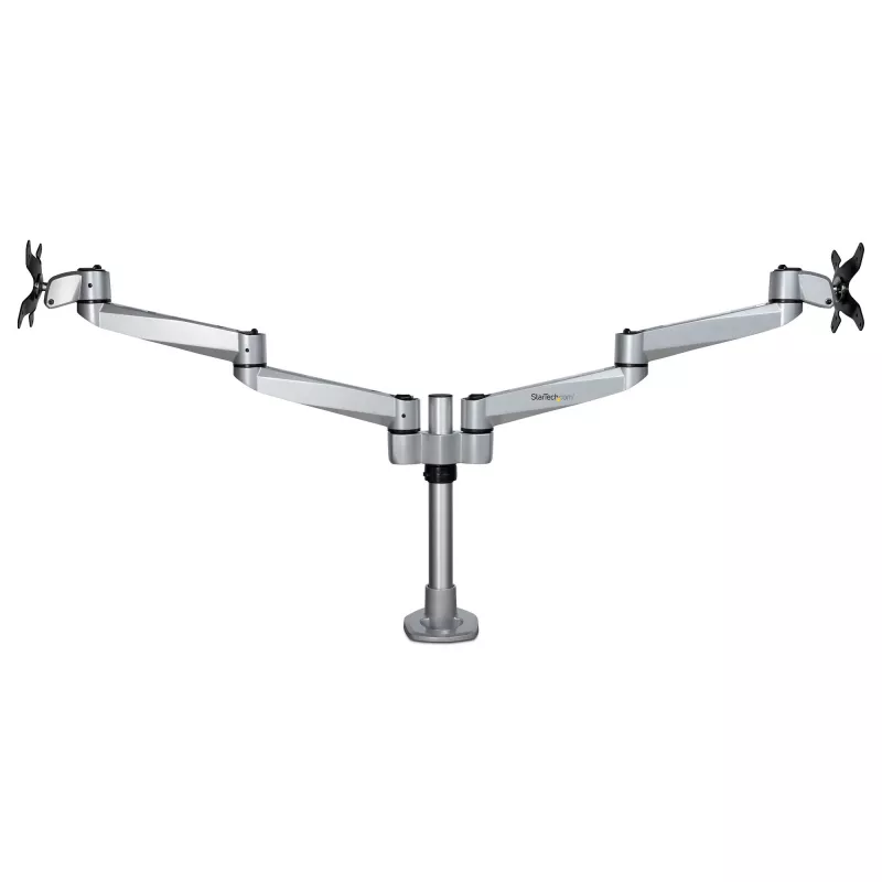 StarTech.com Desk Mount Dual Monitor Arm - Premium Articulating Monitor Arm - up to 30” VESA Mount Displays - Height Adjustable Monitor Mount - Rotate/Tilt/Swivel - Clamp/Grommet - Silver