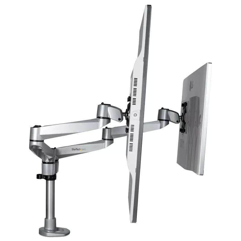 StarTech.com Desk Mount Dual Monitor Arm - Premium Articulating Monitor Arm - up to 30” VESA Mount Displays - Height Adjustable Monitor Mount - Rotate/Tilt/Swivel - Clamp/Grommet - Silver