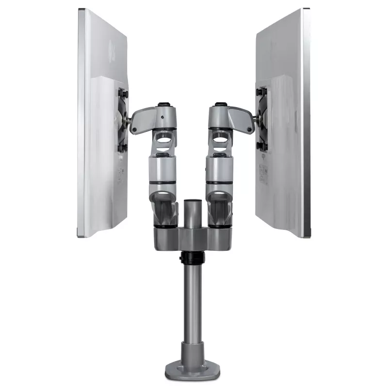 StarTech.com Desk Mount Dual Monitor Arm - Premium Articulating Monitor Arm - up to 30” VESA Mount Displays - Height Adjustable Monitor Mount - Rotate/Tilt/Swivel - Clamp/Grommet - Silver