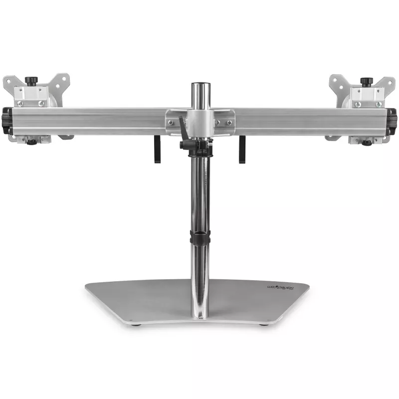 StarTech.com Dual Monitor Stand - Ergonomic Free Standing Dual Monitor Desktop Stand for two 24 inch VESA Mount Displays - Synchronized Height Adjustable - Double Monitor Pole Mount - Silver