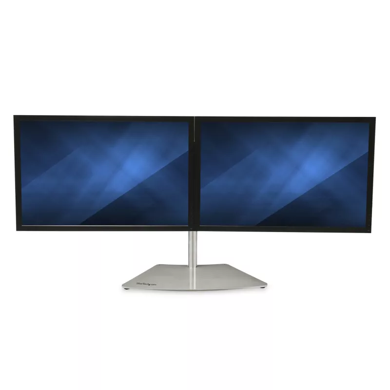 StarTech.com Dual Monitor Stand - Ergonomic Free Standing Dual Monitor Desktop Stand for two 24 inch VESA Mount Displays - Synchronized Height Adjustable - Double Monitor Pole Mount - Silver