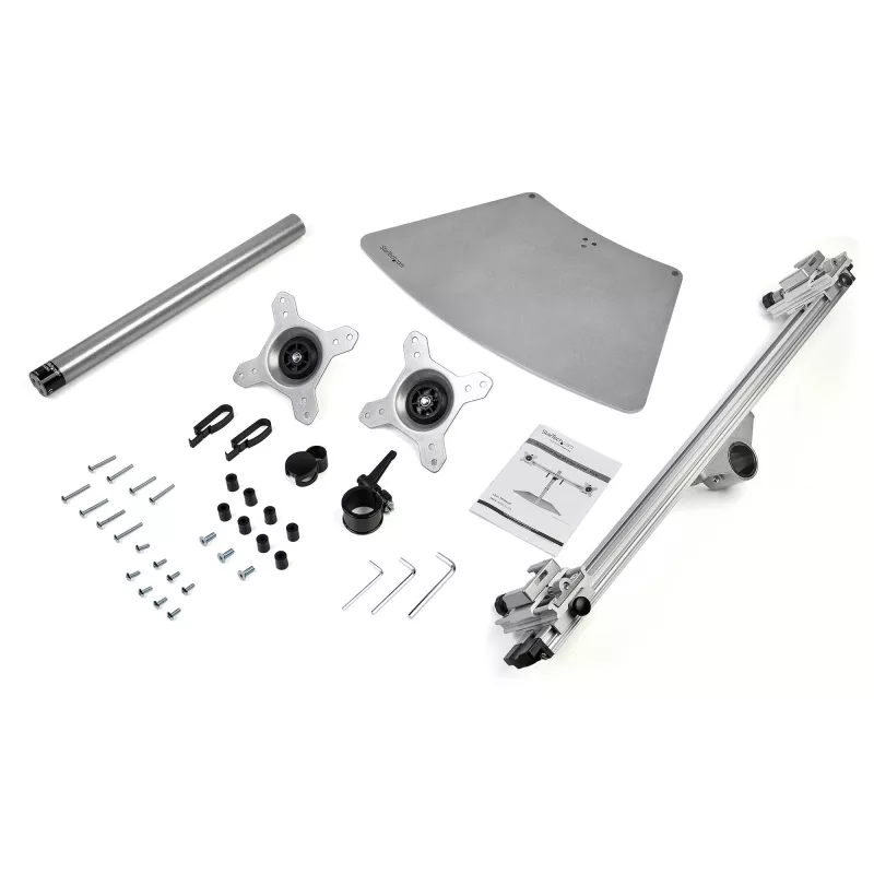 StarTech.com Dual Monitor Stand - Ergonomic Free Standing Dual Monitor Desktop Stand for two 24 inch VESA Mount Displays - Synchronized Height Adjustable - Double Monitor Pole Mount - Silver