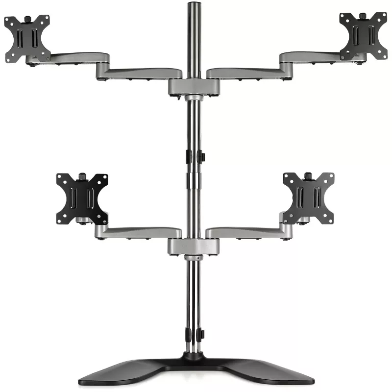 StarTech.com Desktop Quad Monitor Stand - Ergonomic VESA 4 Monitor Arm (2x2) up to 32 inch - Free Standing Articulating Universal Pole Mount - Height Adjustable/Tilt/Swivel/Rotate - Silver