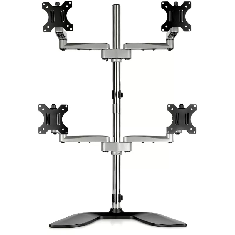 StarTech.com Desktop Quad Monitor Stand - Ergonomic VESA 4 Monitor Arm (2x2) up to 32 inch - Free Standing Articulating Universal Pole Mount - Height Adjustable/Tilt/Swivel/Rotate - Silver