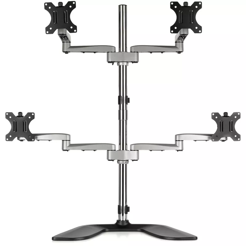 StarTech.com Desktop Quad Monitor Stand - Ergonomic VESA 4 Monitor Arm (2x2) up to 32 inch - Free Standing Articulating Universal Pole Mount - Height Adjustable/Tilt/Swivel/Rotate - Silver
