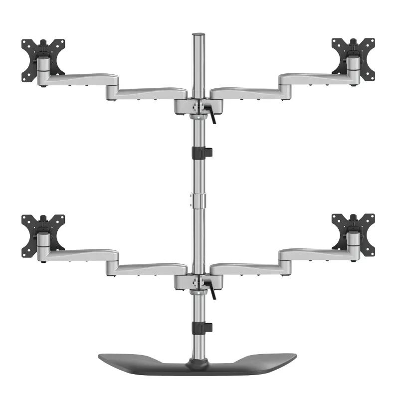 StarTech.com Desktop Quad Monitor Stand - Ergonomic VESA 4 Monitor Arm (2x2) up to 32 inch - Free Standing Articulating Universal Pole Mount - Height Adjustable/Tilt/Swivel/Rotate - Silver