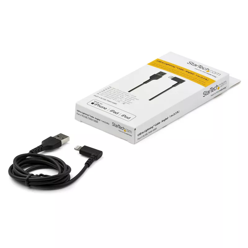 StarTech.com 3ft (1m) Durable USB A to Lightning Cable - Black 90° Right Angled Heavy Duty Rugged Aramid Fiber USB Type A to Lightning Charging/Sync Cord - Apple MFi Certified - iPhone