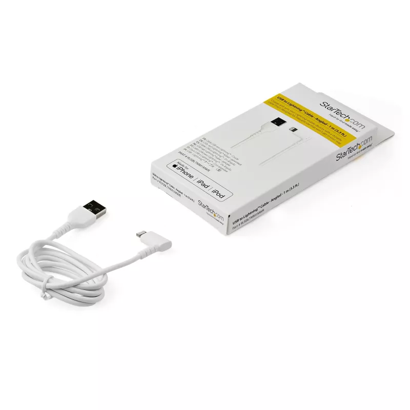 StarTech.com 3ft (1m) Durable USB A to Lightning Cable - White 90° Right Angled Heavy Duty Rugged Aramid Fiber USB Type A to Lightning Charging/Sync Cord - Apple MFi Certified - iPhone