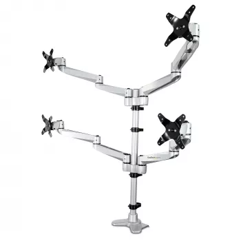 StarTech.com Desk Mount Quad Monitor Arm – Premium Articulating VESA 4 Monitor Mount 2x2 up to 30 inch – Ergonomic Height Adjustable Pole Mount - Tilt/Swivel/Rotate - C-Clamp/Grommet - Silver