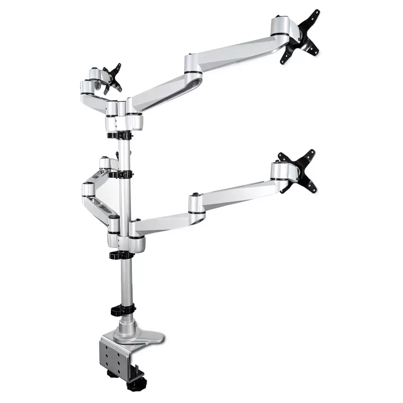 StarTech.com Desk Mount Quad Monitor Arm – Premium Articulating VESA 4 Monitor Mount 2x2 up to 30 inch – Ergonomic Height Adjustable Pole Mount - Tilt/Swivel/Rotate - C-Clamp/Grommet - Silver