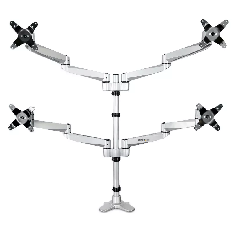 StarTech.com Desk Mount Quad Monitor Arm – Premium Articulating VESA 4 Monitor Mount 2x2 up to 30 inch – Ergonomic Height Adjustable Pole Mount - Tilt/Swivel/Rotate - C-Clamp/Grommet - Silver