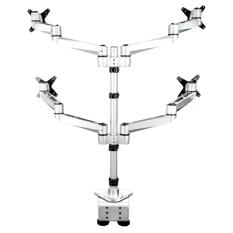 StarTech.com Desk Mount Quad Monitor Arm – Premium Articulating VESA 4 Monitor Mount 2x2 up to 30 inch – Ergonomic Height Adjustable Pole Mount - Tilt/Swivel/Rotate - C-Clamp/Grommet - Silver