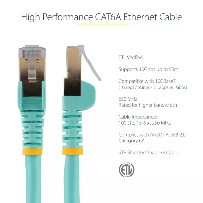 StarTech.com 5m CAT6a Ethernet Cable - 10 Gigabit Shielded Snagless RJ45 100W PoE Patch Cord - 10GbE STP Network Cable w/Strain Relief - Aqua Individually Tested/Wiring is UL Certified/TIA