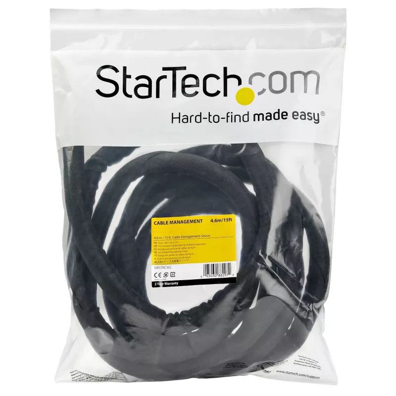 StarTech.com 15' (4.6m) Cable Management Sleeve - Flexible Coiled Cable Wrap - 1.0-1.5 inch dia. Expandable Sleeve - Polyester Cord Manager/Protector/Concealer - Black Trimmable Cable Organizer