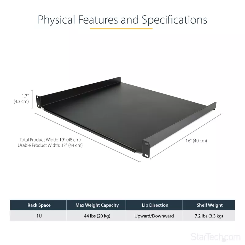 StarTech.com 1U Server Rack Shelf - Universal Rack Mount Cantilever Shelf for 19 inch Network Equipment Rack & Cabinet - Heavy Duty Steel – Weight Capacity 44lb/20kg - 16 inch Deep Tray, Black