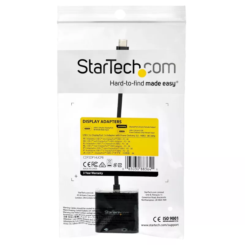 StarTech.com USB C to DisplayPort Adapter with Power Delivery - 8K 60Hz /4K 120Hz USB Type C to DP 1.4 Video Converter w/ 60W PD Pass-Through Charging - HBR3 - Thunderbolt 3 Compatible