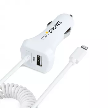 StarTech.com Lightning Car Charger with Coiled Cable, 1m Coiled Lightning Cable, 12W, White, 2 Port USB Car Charger Adapter for Phones and Tablets, Dual USB In Car iPhone Charger