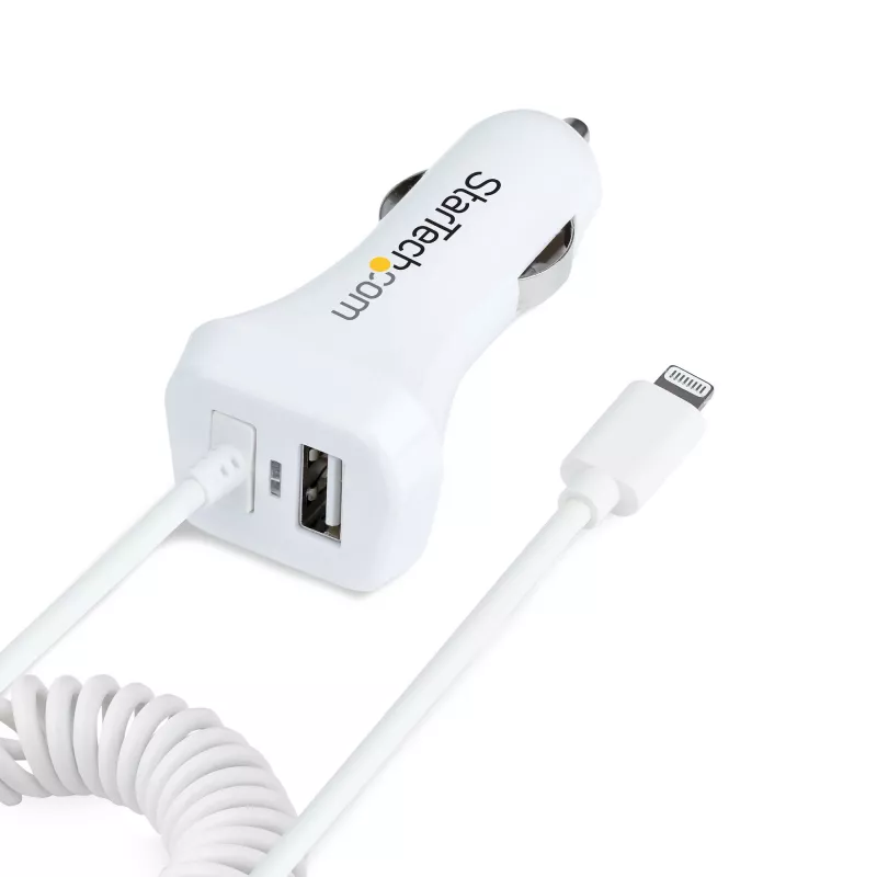 StarTech.com Lightning Car Charger with Coiled Cable, 1m Coiled Lightning Cable, 12W, White, 2 Port USB Car Charger Adapter for Phones and Tablets, Dual USB In Car iPhone Charger