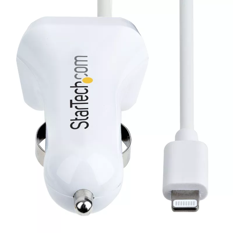 StarTech.com Lightning Car Charger with Coiled Cable, 1m Coiled Lightning Cable, 12W, White, 2 Port USB Car Charger Adapter for Phones and Tablets, Dual USB In Car iPhone Charger