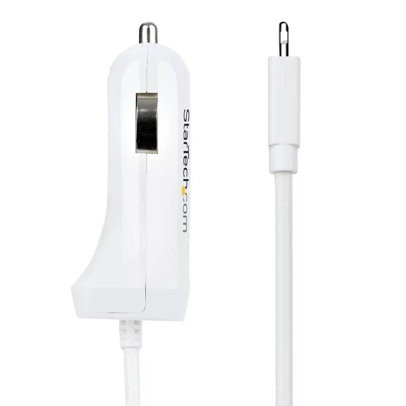 StarTech.com Lightning Car Charger with Coiled Cable, 1m Coiled Lightning Cable, 12W, White, 2 Port USB Car Charger Adapter for Phones and Tablets, Dual USB In Car iPhone Charger