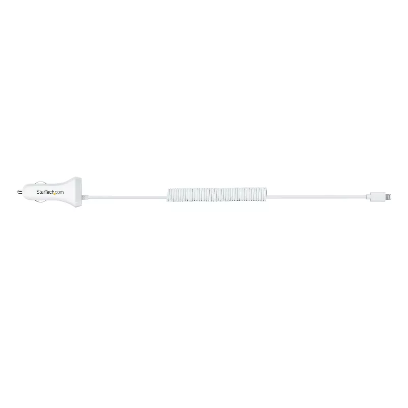 StarTech.com Lightning Car Charger with Coiled Cable, 1m Coiled Lightning Cable, 12W, White, 2 Port USB Car Charger Adapter for Phones and Tablets, Dual USB In Car iPhone Charger