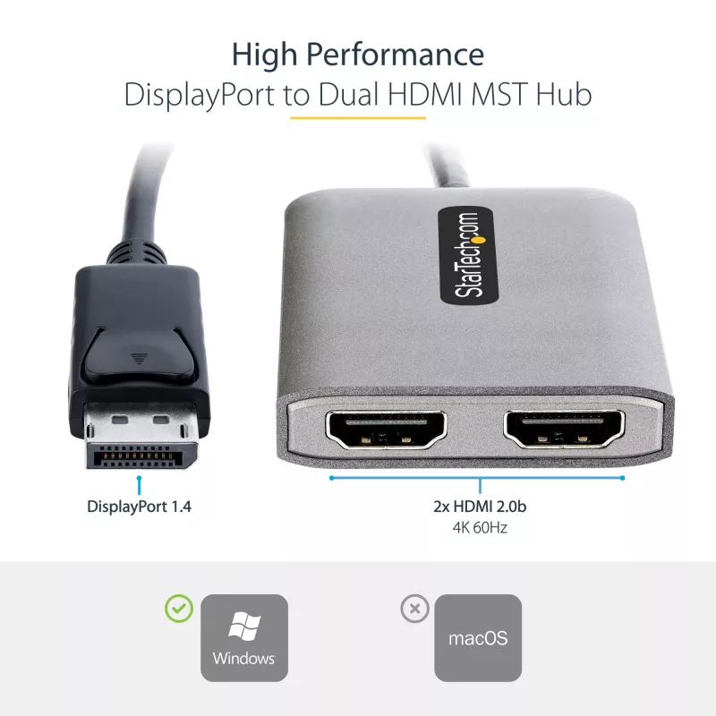 StarTech.com DP to Dual HDMI MST HUB - Dual HDMI 4K 60Hz - DisplayPort Multi Monitor Adapter with 1ft / 30cm cable - DP 1.4 Multi Stream Transport Hub, DSC | HBR3 - DP to HDMI Splitter