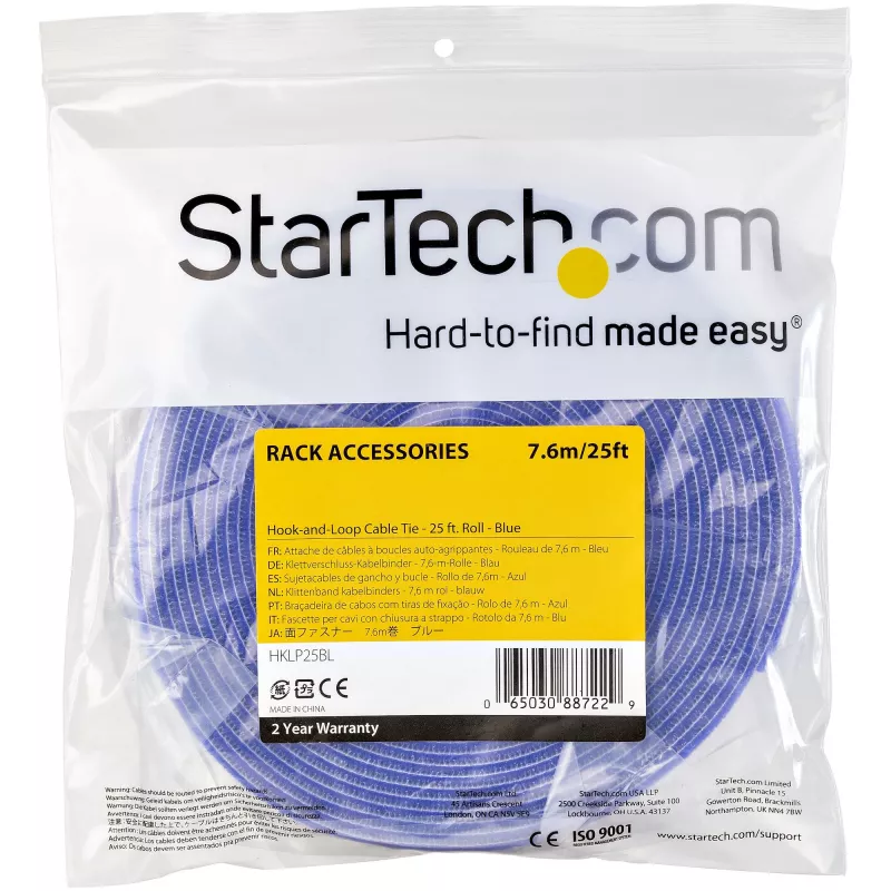 StarTech.com 25ft Hook and Loop Roll - Cut-to-Size Reusable Cable Ties - Bulk Industrial Wire Fastener Tape /Adjustable Fabric Wraps Blue / Resuable Self Gripping Cable Management Straps