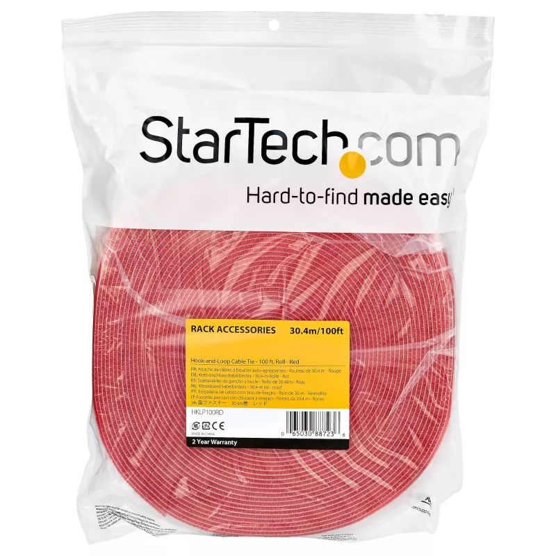 StarTech.com 100ft Hook and Loop Roll - Cut-to-Size Reusable Cable Ties - Bulk Industrial Wire Fastener Tape /Adjustable Fabric Wraps Red / Resuable Self Gripping Cable Management Straps
