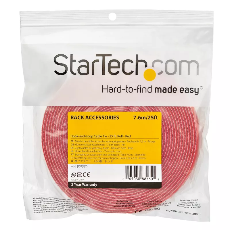 StarTech.com 25ft Hook and Loop Roll - Cut-to-Size Reusable Cable Ties - Bulk Industrial Wire Fastener Tape /Adjustable Fabric Wraps Red / Resuable Self Gripping Cable Management Straps