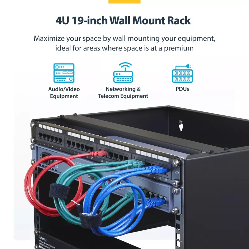 StarTech.com 4U Wall Mount Network Rack - 14 inch Deep (Low Profile) - 19 inch Patch Panel Bracket for Shallow Server and IT Equipment, Network Switches - 44lbs/20kg Weight Capacity, Black