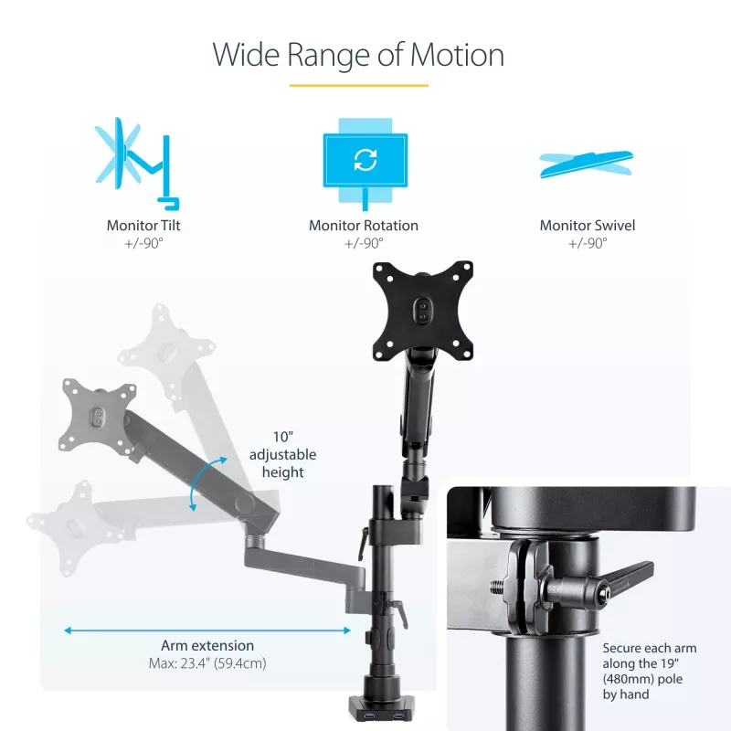StarTech.com Desk Mount Monitor Arm with 2x USB 3.0 Ports, Full Motion Single Monitor Mount, up to 34 inch (17.6lb/8kg) VESA Display, Clamp/Grommet Mount, Mechanical Spring