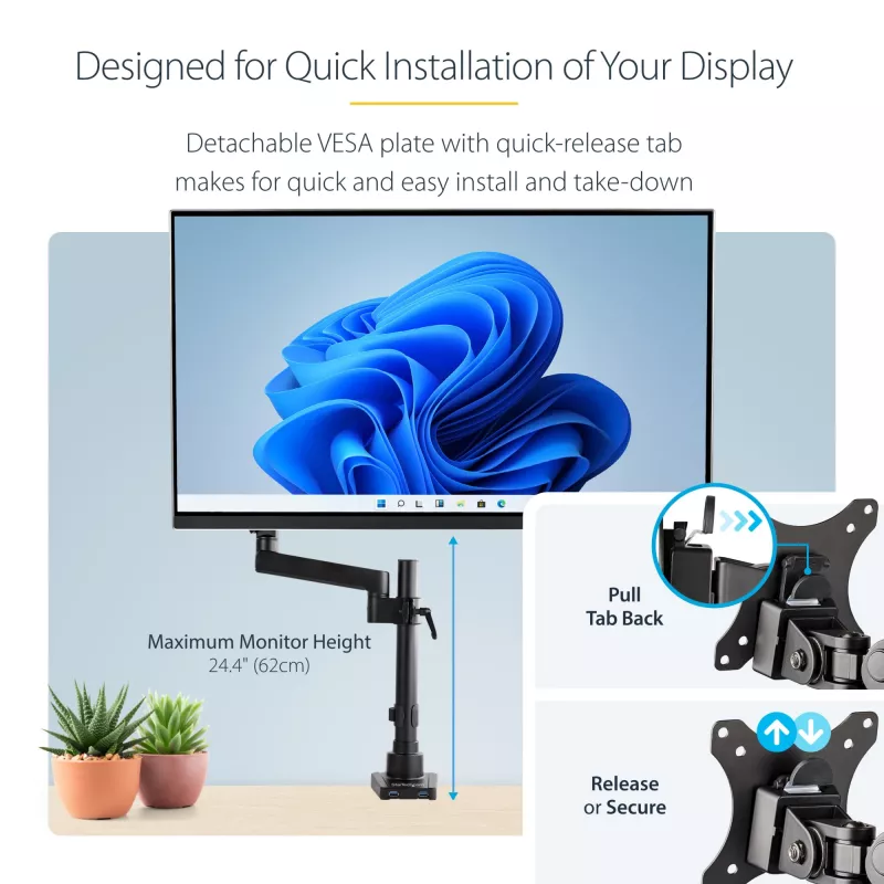 StarTech.com Desk Mount Monitor Arm with 2x USB 3.0 Ports, Full Motion Single Monitor Mount, up to 34 inch (17.6lb/8kg) VESA Display, Clamp/Grommet Mount, Mechanical Spring