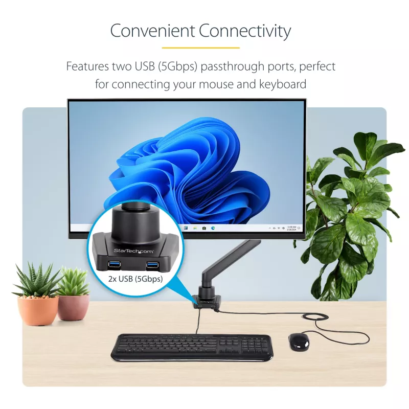StarTech.com Desk Mount Monitor Arm with 2x USB 3.0 ports, Slim Full Motion Single Monitor Mount, up to 34 inch (17.6lb/8kg) VESA Display, Clamp/Grommet Mount, Mechanical Spring