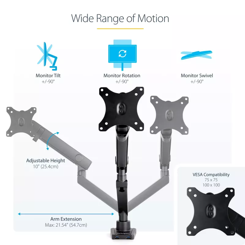 StarTech.com Desk Mount Monitor Arm with 2x USB 3.0 ports, Slim Full Motion Single Monitor Mount, up to 34 inch (17.6lb/8kg) VESA Display, Clamp/Grommet Mount, Mechanical Spring
